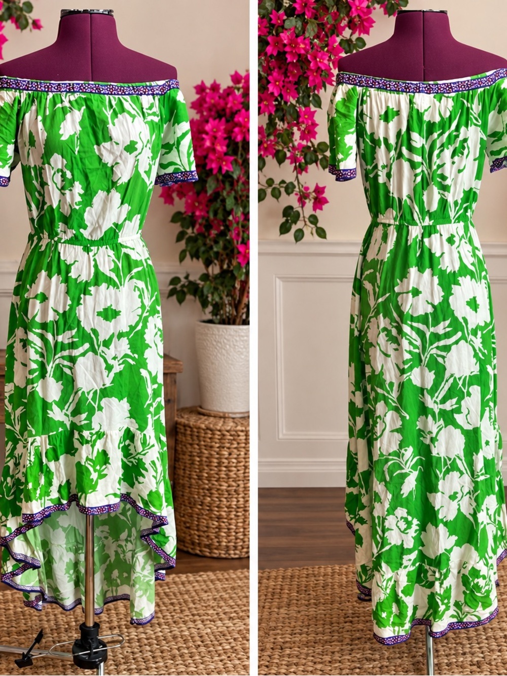 Flying Tomato Green and White Floral Off-Shoulder High-Low Dress